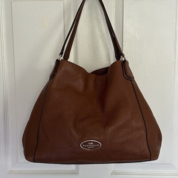 Coach Handbags - COACH EDIE Brown Pebbled Saddle Leather Bag 33547 Shoulder Tote Double Straps